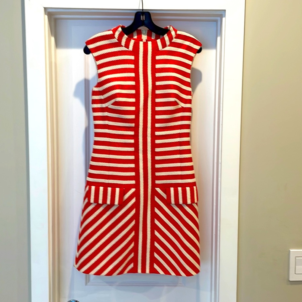 Karen Millen tangerine and cream striped a-line mini dress size 6
